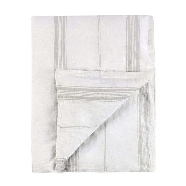 Gray and white striped duvet made from cotton, linen, and cashmere with a soft textured weave