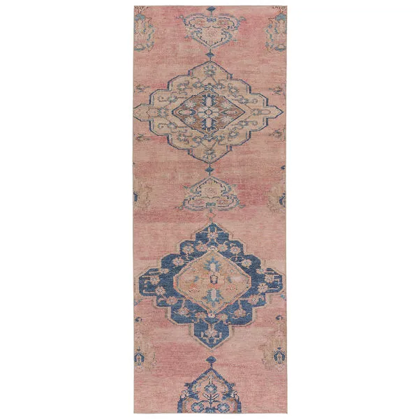 4x8 rug with southwestern floral medallions in pink, blue, tan, and gray hues on abrashed background