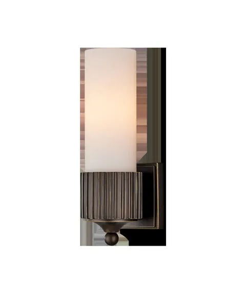 Bryce Bath Wall Sconce with cylindrical white glass shade and oil-rubbed bronze industrial gear motif base
