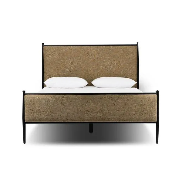 Xander Upholstered Bed with textured damask fabric headboard and footboard framed by black iron with tapered legs and roun...