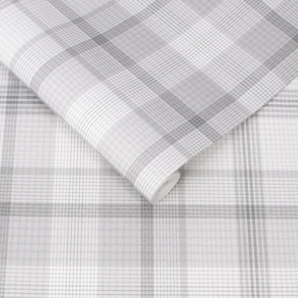 Heritage Plaid Wallpaper in soft gray tones with large-scale plaid pattern and matt paper finish