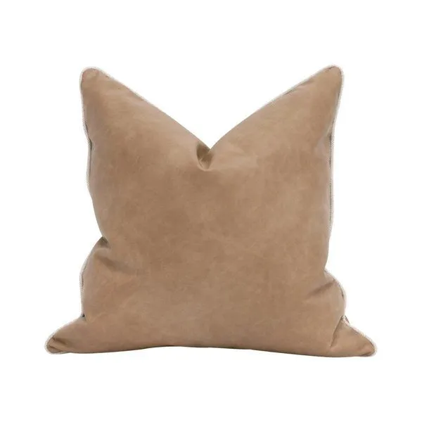 Square 22-inch pillow in medium brown Ivanhoe Toast PU vegan leather with soft texture and subtle creasing