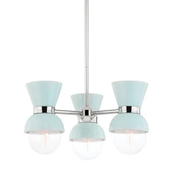 Full view of the Gillian 3 Light Semi Flush Mount with three aqua blue shades and glass bulbs on metal frame