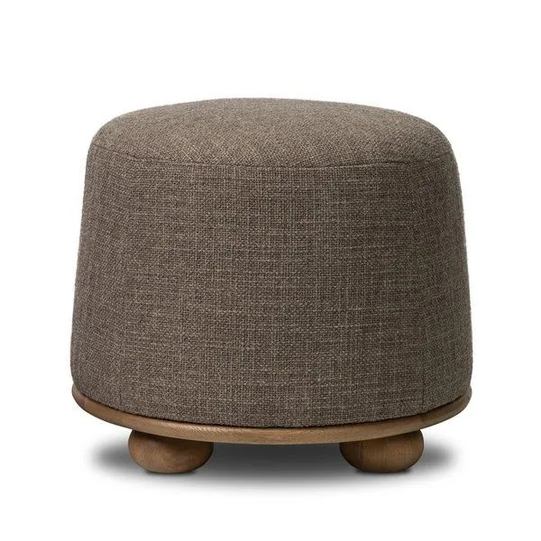 Bilbury Ottoman with tapered shape, rounded base, sandy solid oak bun feet, wool/cotton blend fabric upholstery in brown