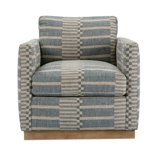 Allie Swivel Chair with blue and beige geometric striped fabric and wooden swivel base, square arms and cushioned back
