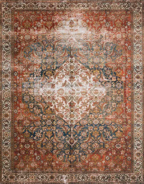 Layla Ocean multi rug with vintage style floral medallion pattern and distressed red, blue, and beige tones