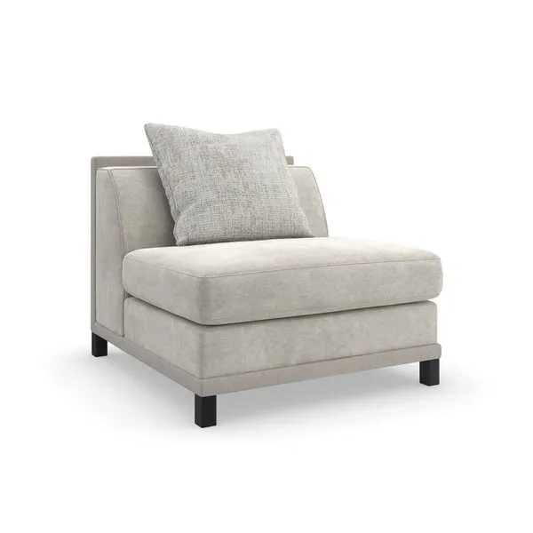 Tuxedo armless chair in neutral faux mohair opal fabric with clean lines, crisp tailoring, and metal legs