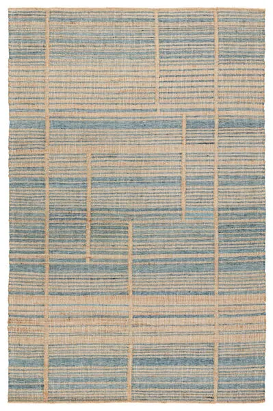 flat-woven rectangular rug with natural brown and blue striped geometric pattern