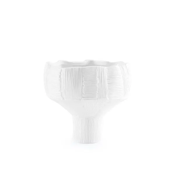 White Krissa Vase with a wide bowl shape and narrow base, featuring a patchwork texture of horizontal and vertical lines
