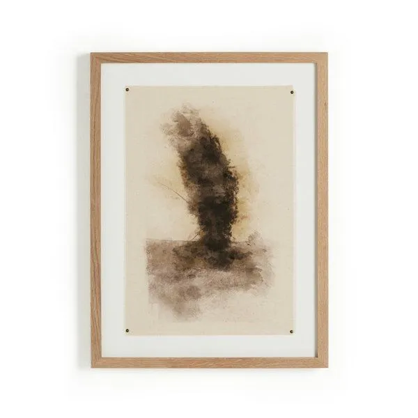 Framed abstract watercolor painting with dark, vertical smoke-like shapes on beige textured paper