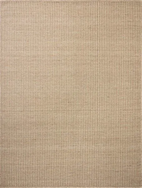 Neutral-colored vertical striped area rug with whip-stitched edges, hand-woven wool and cotton