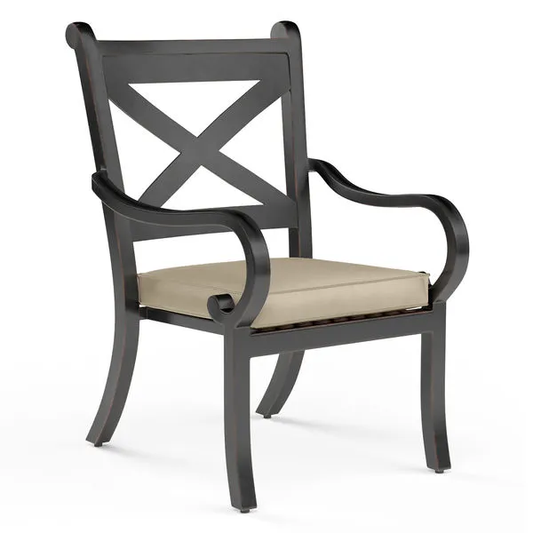 Monterey Dining Chair with Espresso powder-coated aluminum frame, Old World Copper Rub finish, and beige outdoor cushion