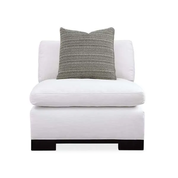 Refresh Loveseat with plush white cushions and black wood block legs, featuring a textured gray throw pillow