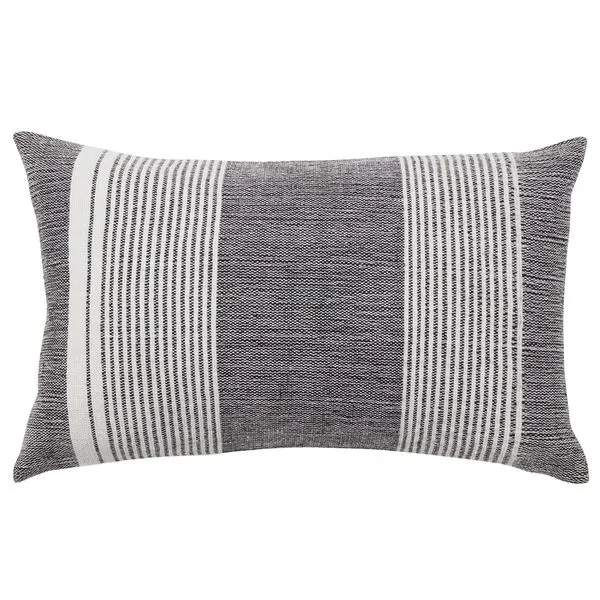 Rectangular black and cream striped outdoor pillow with textured woven ticking stripe design