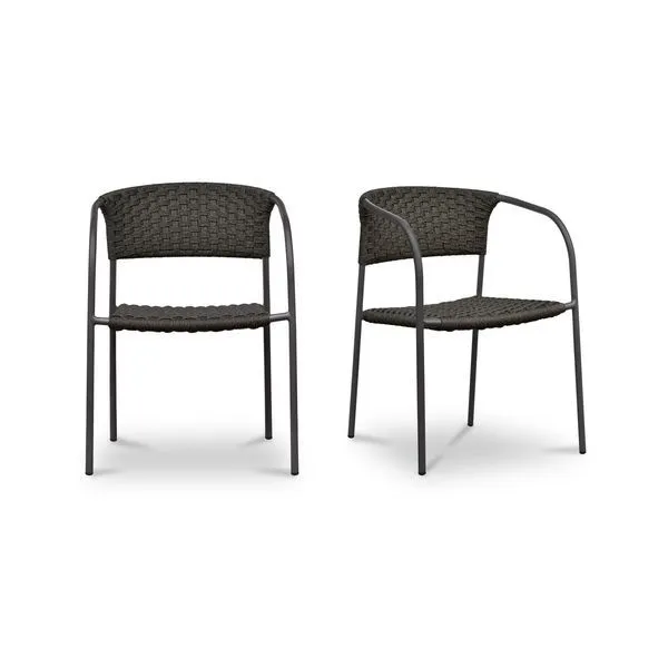 Set of two dark gray outdoor dining chairs with woven basketweave hyacinth seats and backs on slim metal frames