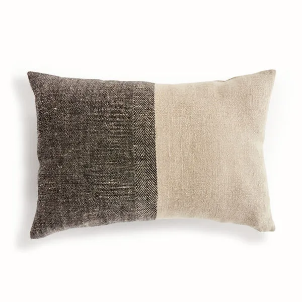Jules Pillow featuring a rectangular shape with a two-tone design in dark charcoal and natural beige woven linen texture