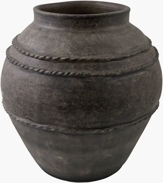Stevi vase with antiqued dark terracotta finish and ripple design around full rounded body