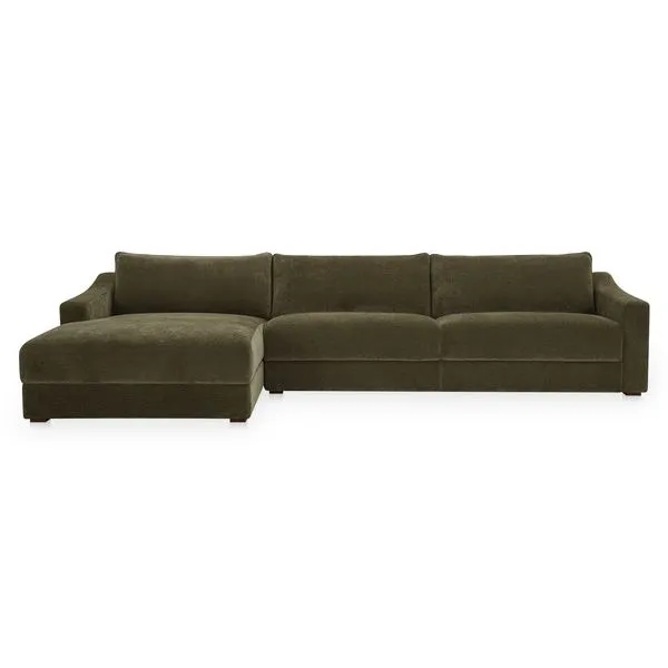 Farrow Sectional sofa in velvety cedar green with deep cushions, sloped arms, and piped edges on an invisible base