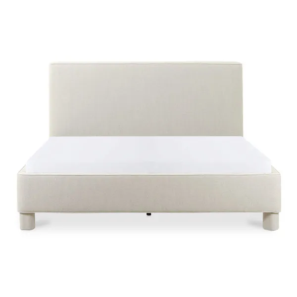 Ichigo bed with rounded edges and tall upholstered headboard in soft light beige polyester fabric