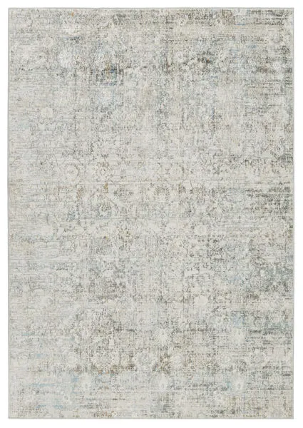 Kenrick floral patterned gray and light blue traditional area rug with intricate trellis motif and varied pile texture