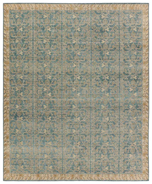 Hand-knotted wool rug 18x18 inches with traditional Persian trellis pattern in dark turquoise and gold