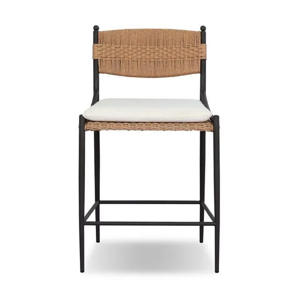 Outdoor counter stool with woven Liller Flax backrest and seat, black metal frame, and white cushion