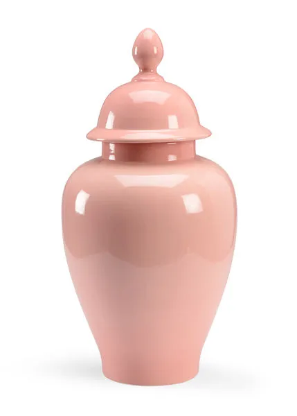 Baby pink glazed porcelain urn vase with a rounded lid and a 6-inch mouth opening