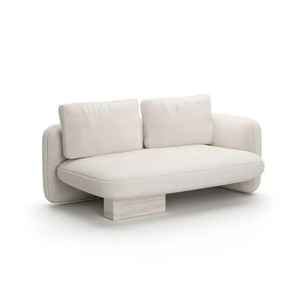 Overlap right facing loveseat in tranquil ecru linen with rounded arms and a stone base