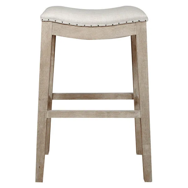 Harper Barstool with bisque French linen saddle seat and natural stone wash oak legs with distressed texture