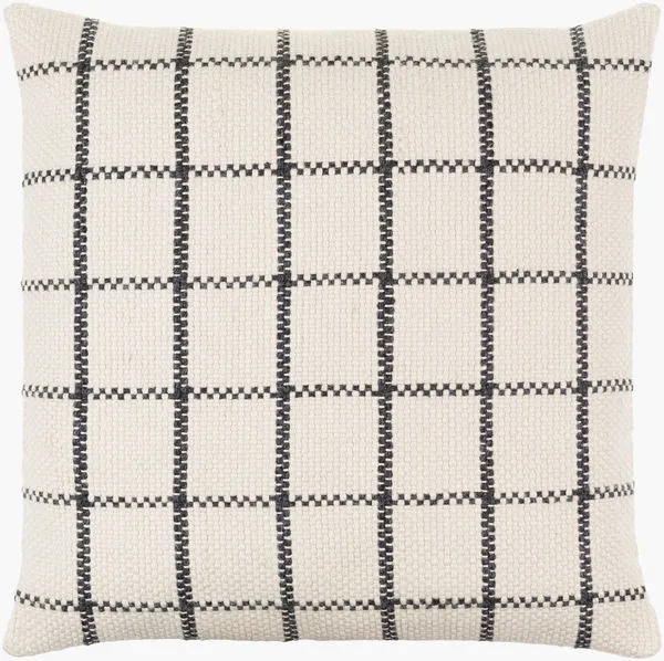Square Charmaine Accent Pillow in ivory with black checked pattern, textured polyester fabric