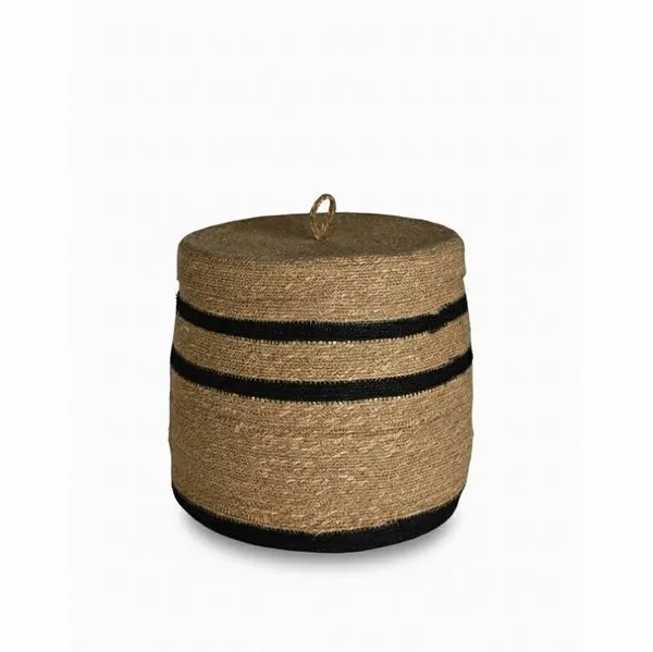 Natural bamboo storage box with smooth finish, round shape, and two black horizontal stripes