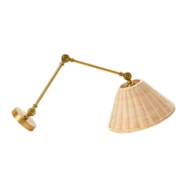 Adjustable wall sconce with brass hardware and a beige rattan conical shade