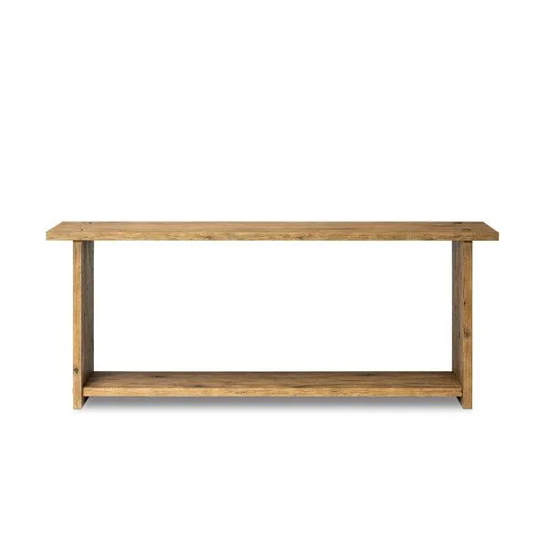 Distressed light oak console table with natural knots, paneled sides, and lower shelf storage
