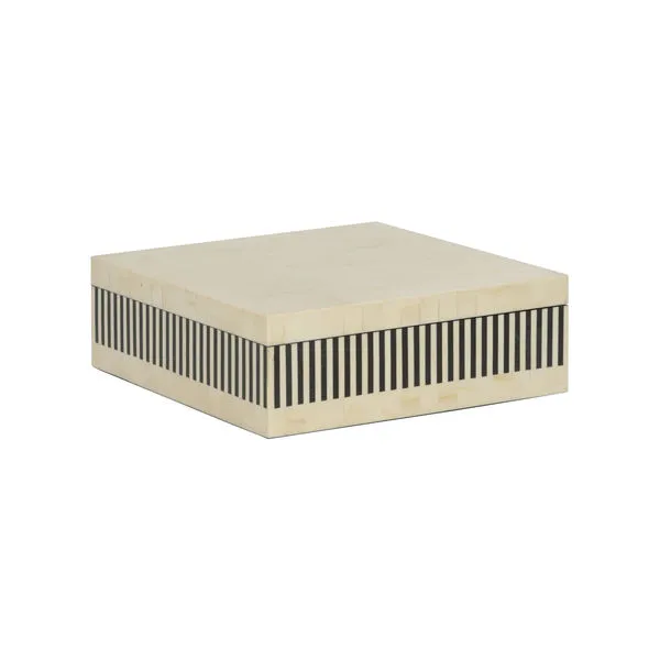 Square box with bone inlaid white and black vertical stripes along sides and smooth cream top