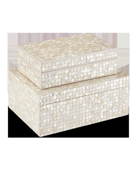 Set of two white decorative boxes covered with tiny mother of pearl circles in a shimmering pattern