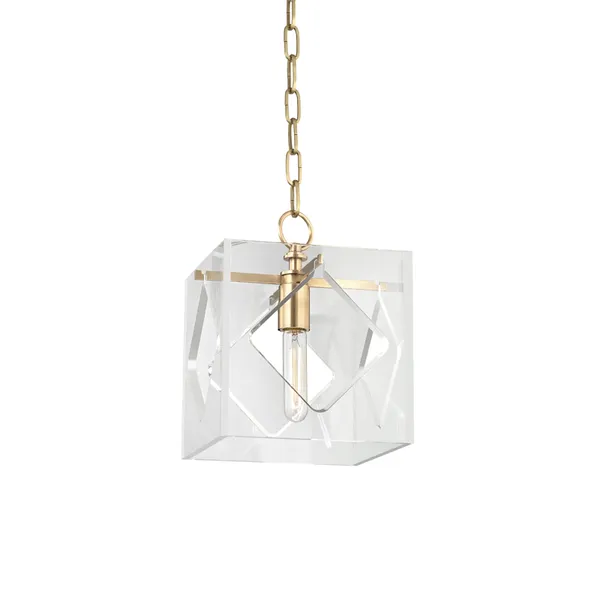 Modern pendant light with clear cube glass shade and gold metal frame hanging from matching chain
