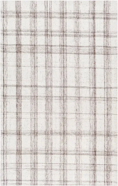 Light gray handmade rug with a subtle brown geometric plaid pattern, flatwoven texture