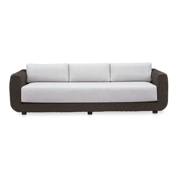 Soma outdoor sofa with dark brown PE synthetic wicker frame and light gray heathered Olefin fabric cushions