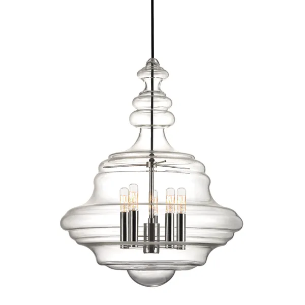 Washington 5 Light Large Pendant with clear figured glass in layered, rounded shape and exposed filament bulbs on metal cy...