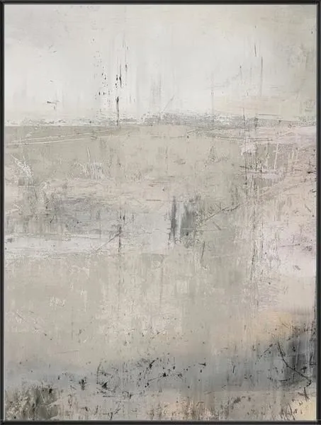 Abstract painting with muted beige and gray tones, textured layers suggesting a tranquil dusk landscape with subtle light ...