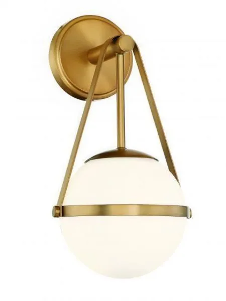 Polson 1 Light Sconce with opal etched glass globe held by warm brass band and slender arm