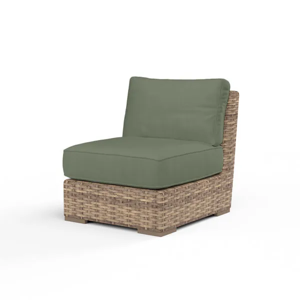 Havana Armless Club outdoor accent chair with aged tobacco all-weather wicker and olive green cushions