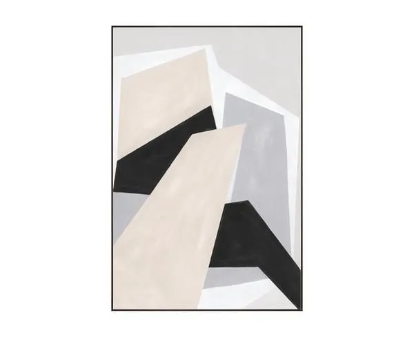 Abstract painting with overlapping beige, black, gray, and white geometric shapes on a large vertical canvas