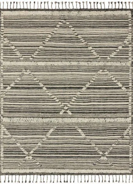 Ivory and charcoal modern Moroccan-style rug with triangular linear patterns and braided details, finished with fringe