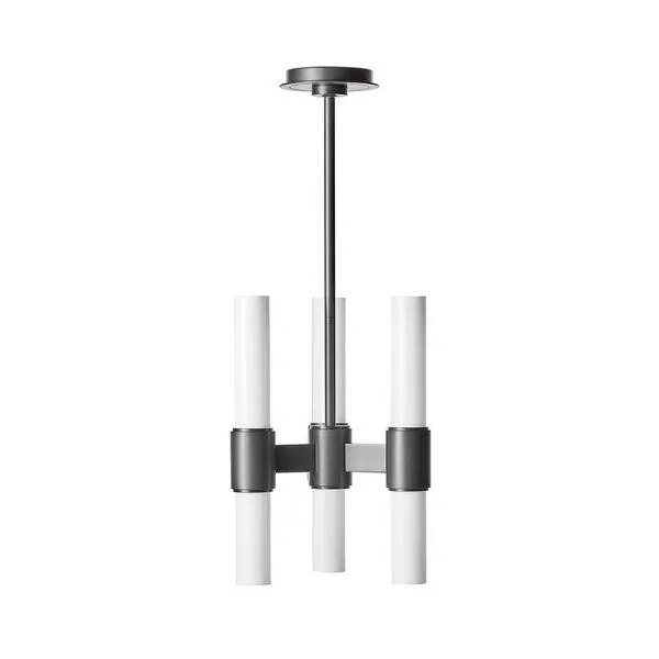 Modern Dixon Pendant with six opal white glass pillars and black metal arms, light open at top and bottom