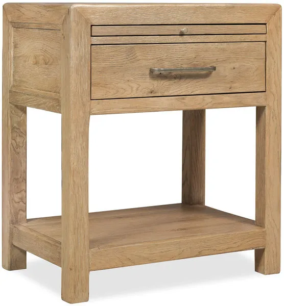 Driftwood one-drawer nightstand in warm sun-faded oak tone with pull-out shelf and bottom shelf