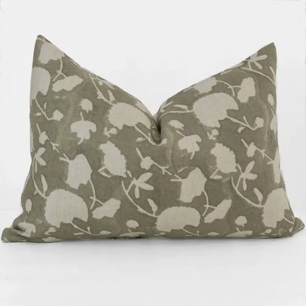 Sage floral block print pillow cover in sage green with cream floral pattern on textured linen fabric