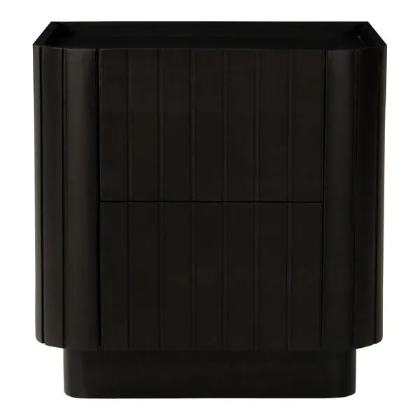 Povera 3 drawer nightstand in black Acacia with gently ribbed vertical paneling and rounded edges