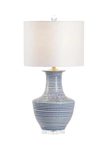 Classic table lamp with blue and white textured ceramic base and white drum shade, acrylic mounting