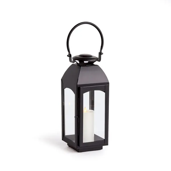 Antoinne Outdoor Lantern in dark black faux zinc with clear glass panels and candle inside